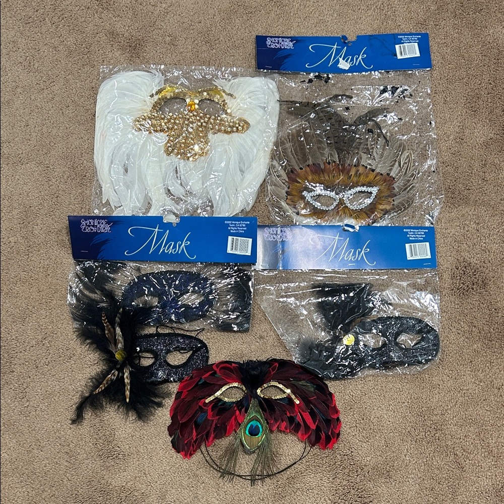 Elegant Feathered Masquerade Mask - Red and Black- set of 6 masks (4) NWT (2) WO